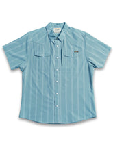 Mid-blue Daryll SS shirt by Off The Grid Surplus, a casual button-up shirt displayed on a hanger.