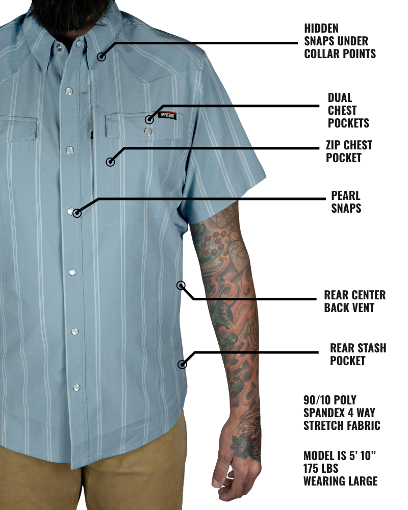 Mid-blue Daryll SS shirt by Off The Grid Surplus, a stylish button-up shirt with a classic fit and soft fabric.
