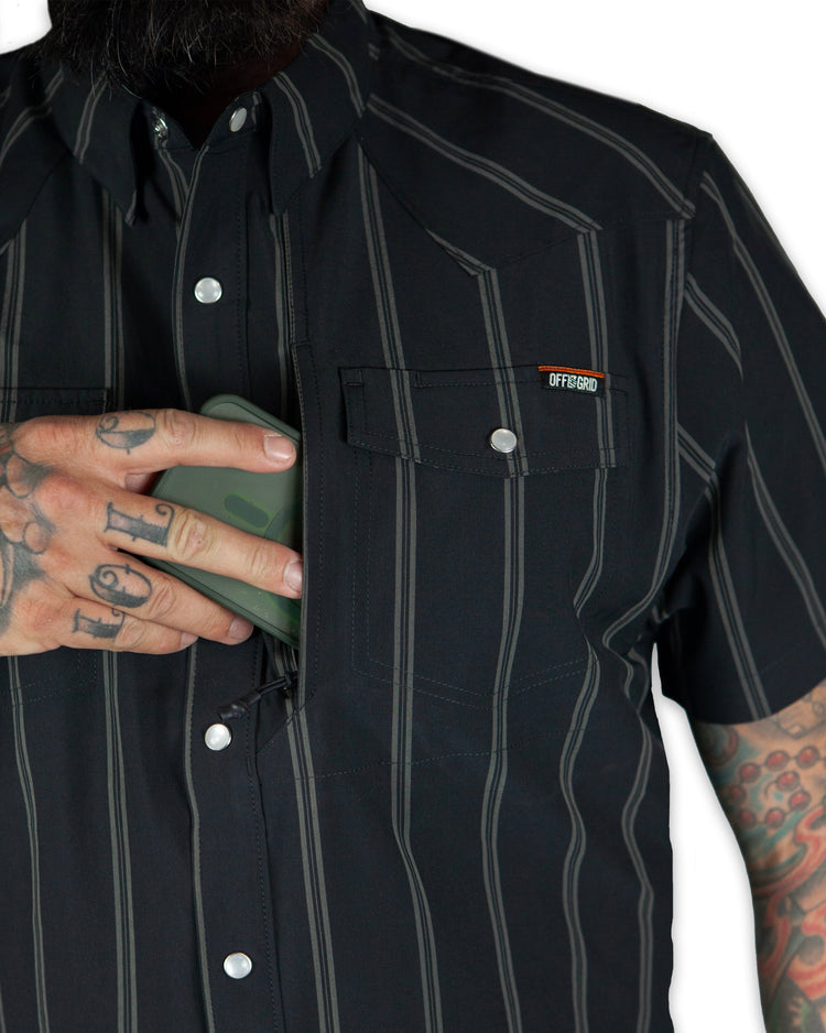 Vintage black Daryll SS shirt by Off The Grid Surplus, a stylish button-up shirt with a classic design and comfortable fit.