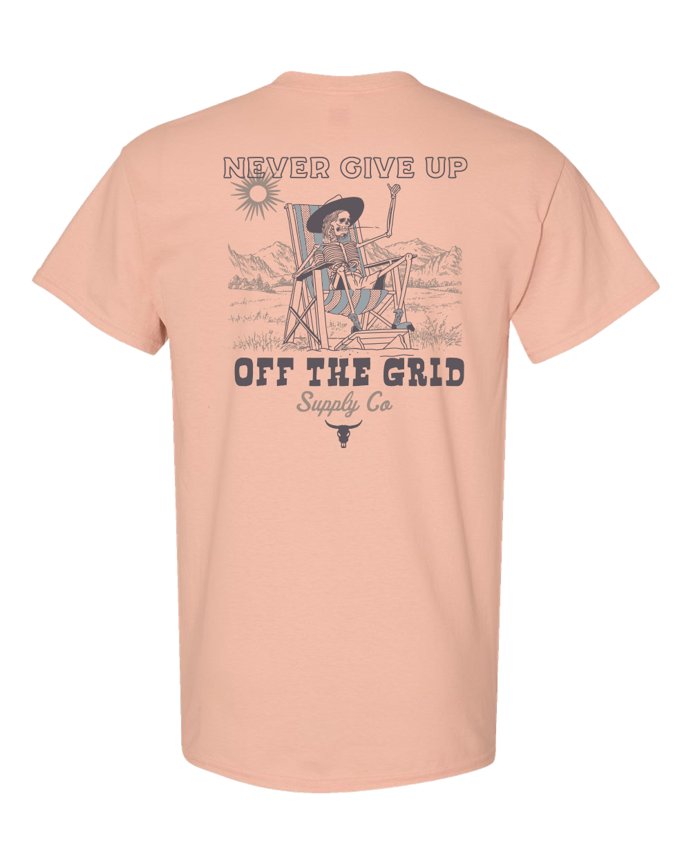 Dusty rose Never Give Up T-shirt by Off The Grid Surplus, featuring bold text and casual fit for everyday wear.