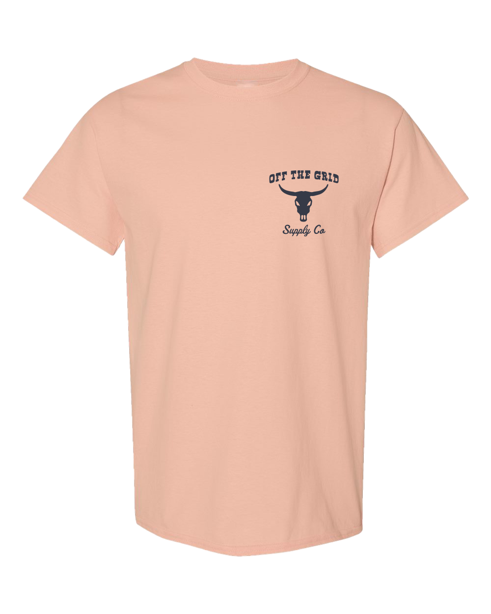 Dusty rose Never Give Up T-shirt from Off The Grid Surplus, featuring bold text and casual fit.