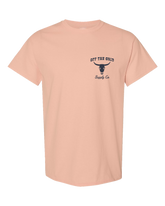 Dusty rose Never Give Up T-shirt from Off The Grid Surplus, featuring bold text and casual fit.