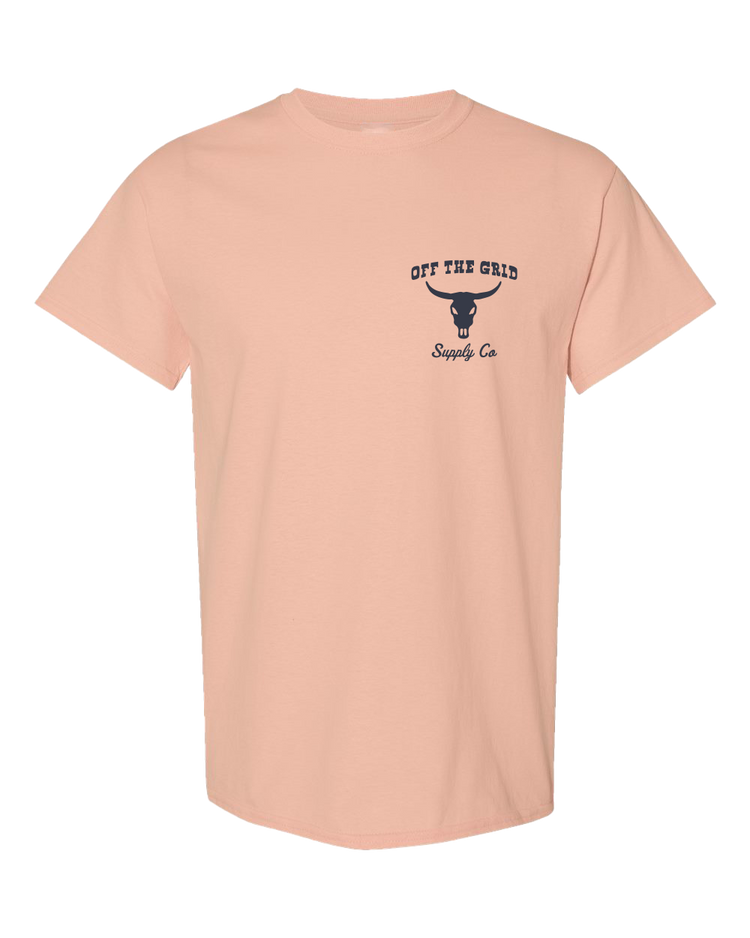 Dusty rose Never Give Up T-shirt from Off The Grid Surplus, featuring bold text and casual fit.