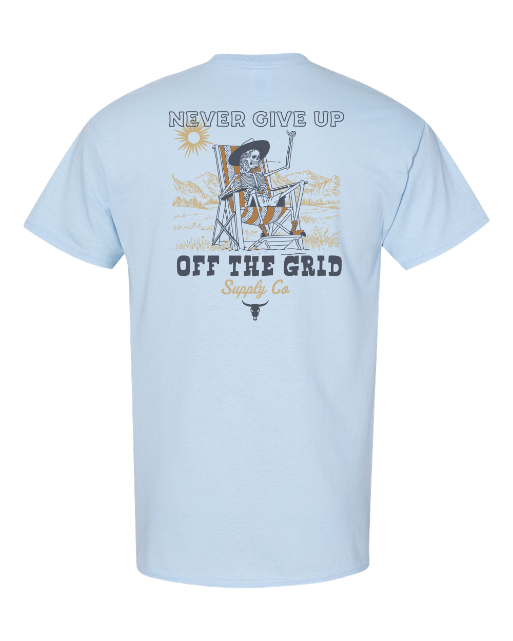 Dusty rose Never Give Up T-shirt by Off The Grid Surplus featuring bold lettering and a casual fit.