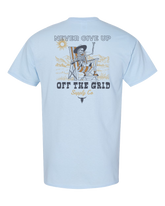 Dusty rose Never Give Up T-shirt by Off The Grid Surplus featuring bold lettering and a casual fit.