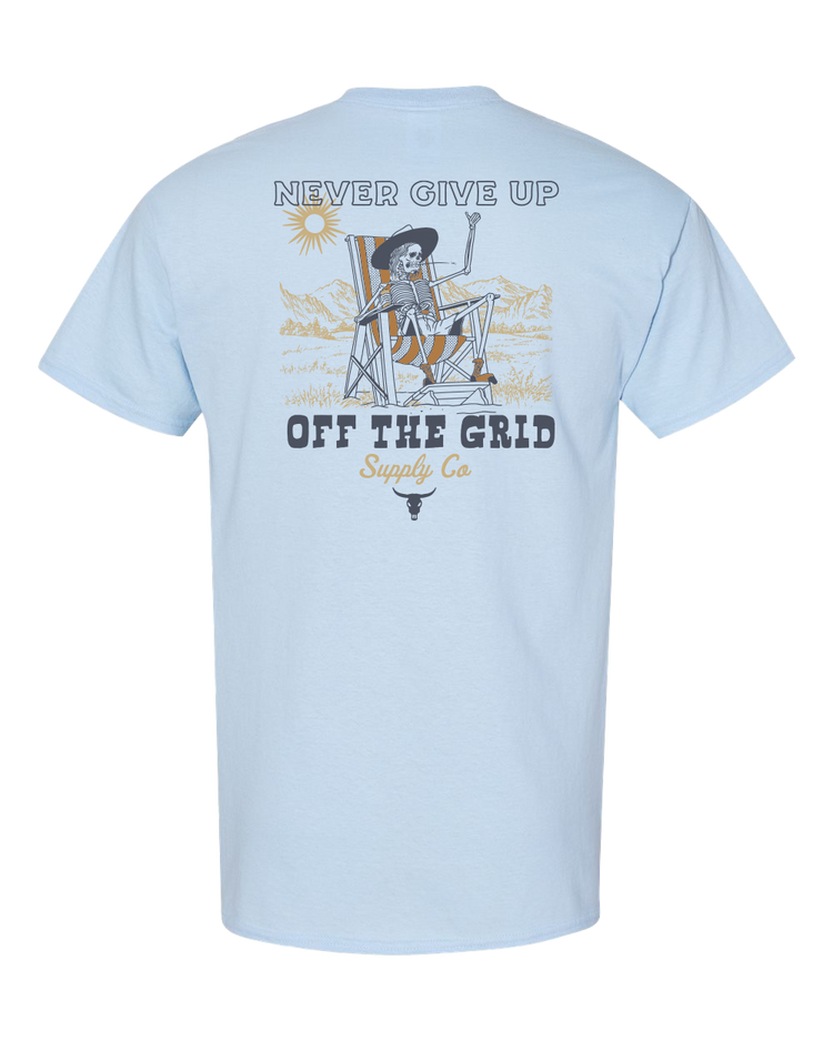 Dusty rose Never Give Up T-shirt by Off The Grid Surplus featuring bold lettering and a casual fit.