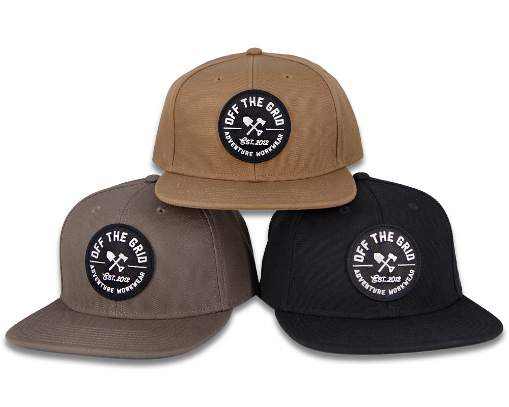 Black Off The Grid Surplus Jobsite Hat with adjustable strap and logo patch, designed for durable workwear.