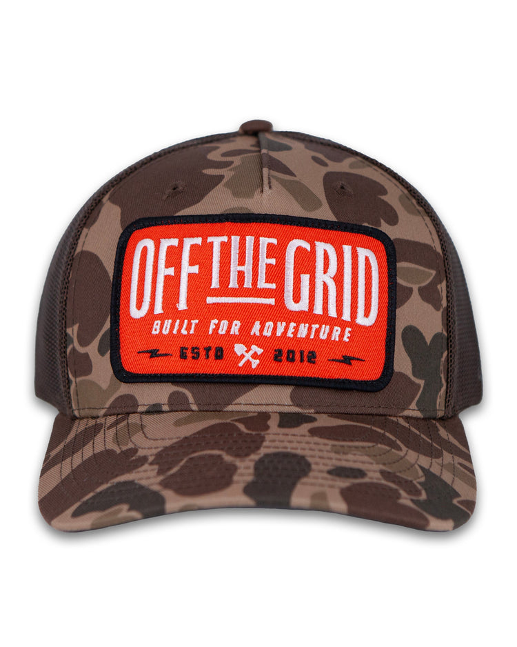 Off The Grid Surplus Ranch Hand Hat in sable duck camo and black with a wide brim, durable outdoor hat for rugged wear.