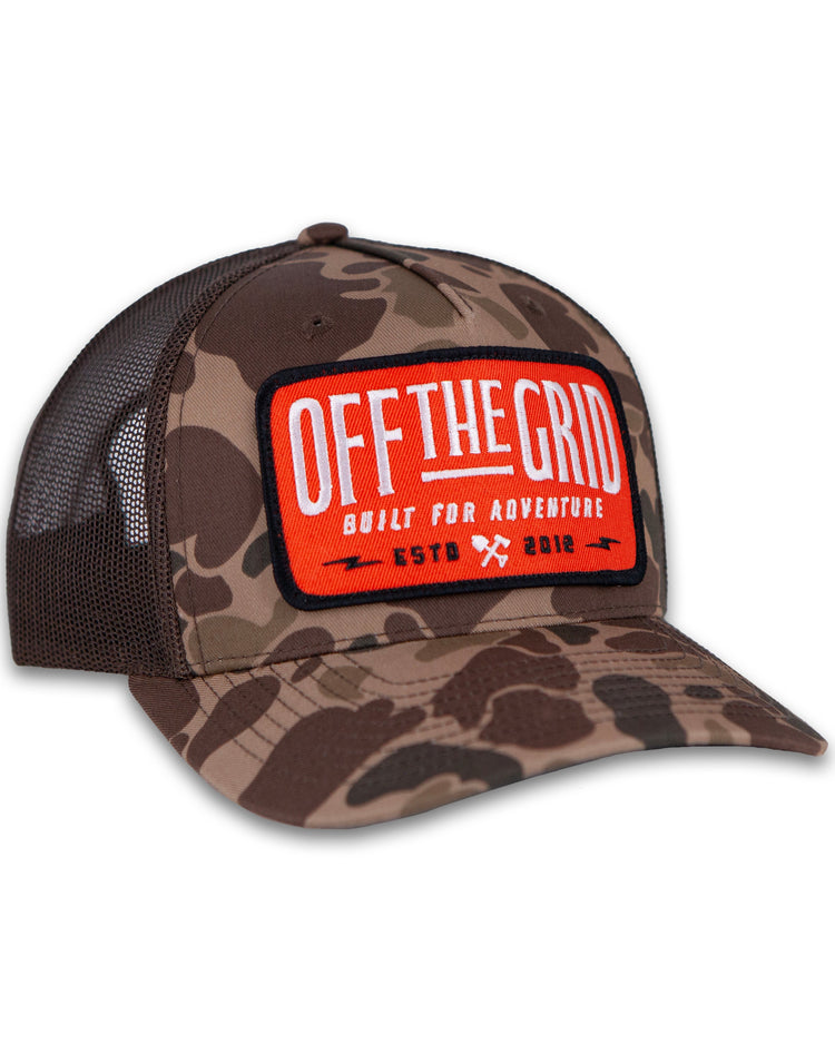 Off The Grid Surplus Ranch Hand Hat in sable duck camo with black brim, durable outdoor hat for rugged wear.