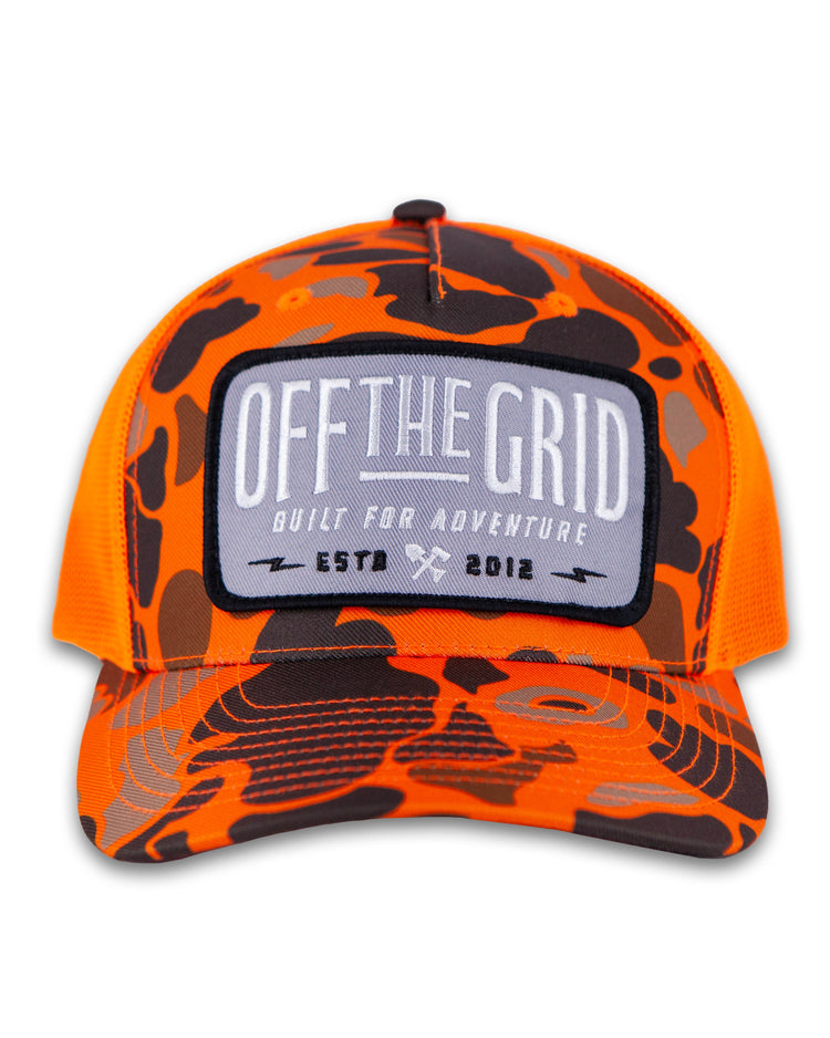 Off The Grid Surplus Ranch Hand Hat in sable duck camo with black details, outdoor-style hat with a wide brim and rugged design.