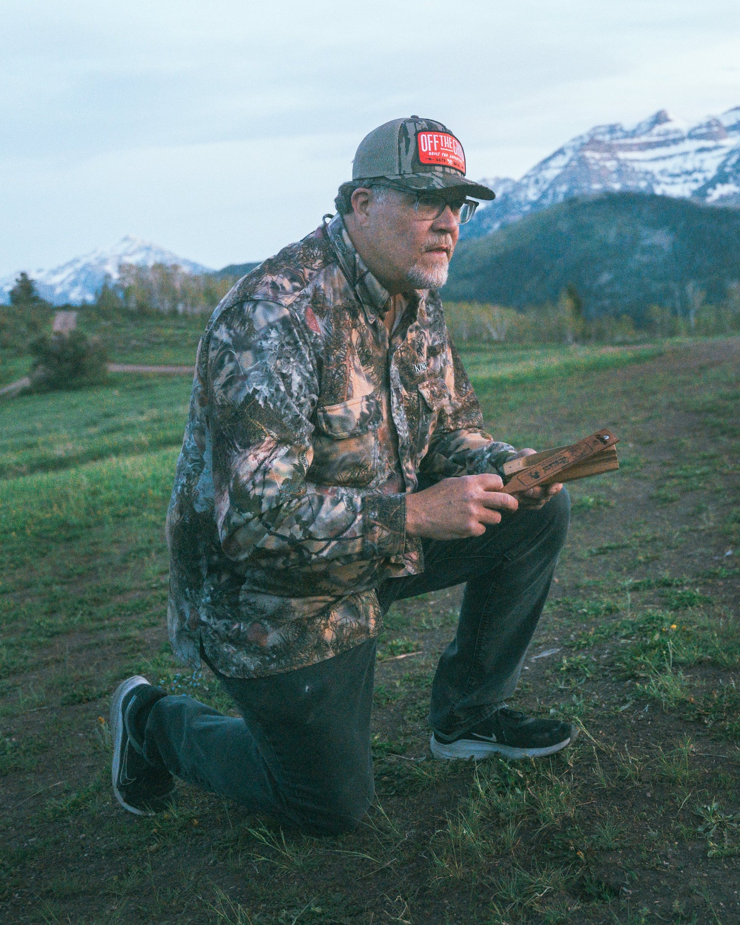Off The Grid Surplus Ranch Hand Hat in sable duck camo with black brim, durable wide-brim hat for outdoor wear.