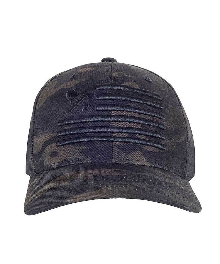 Off The Grid Surplus Shovel N Bars Flexfit Hat in black, featuring a curved brim and adjustable fit, available in five colors.