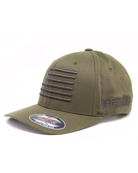 Off The Grid Surplus Shovel N Bars Flexfit hat in black, medium size, with colorful logo embroidery, five color options available.