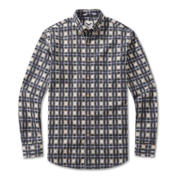 Men's Hawaiian shirt by Outlets Yiume featuring plaid cotton fabric, long sleeves, button-down front, and urban sophistication style.