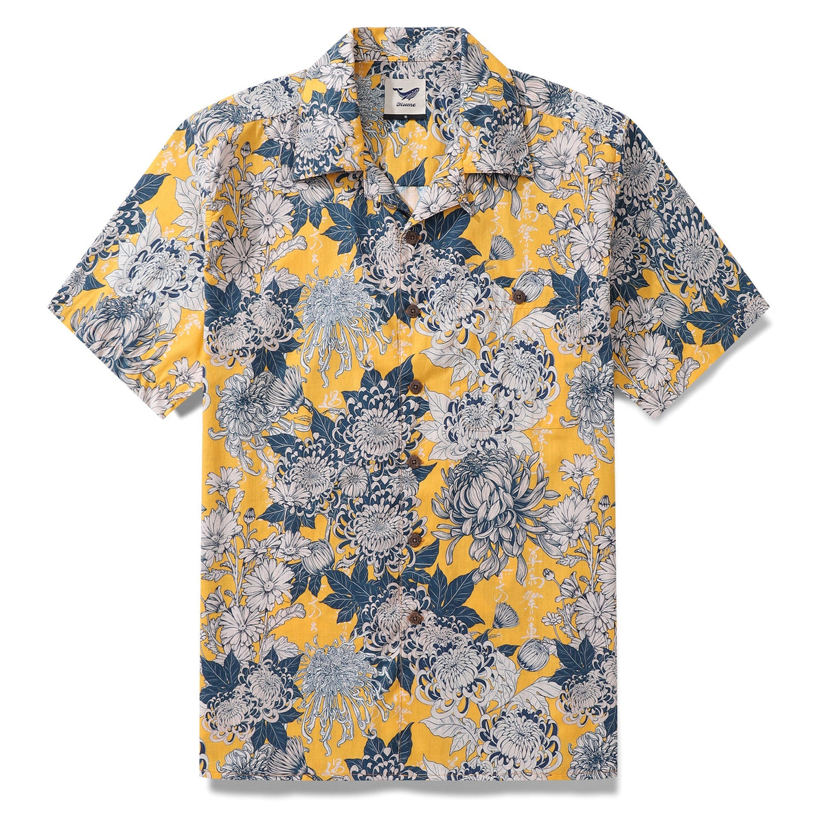 Yellow Hawaiian shirt for men by Outlets Yiume, short sleeve with Japanese floral print and camp collar, made of 100% cotton.