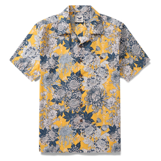 Yellow Hawaiian shirt for men by Outlets Yiume, short sleeve with Japanese floral print and camp collar, made of 100% cotton.