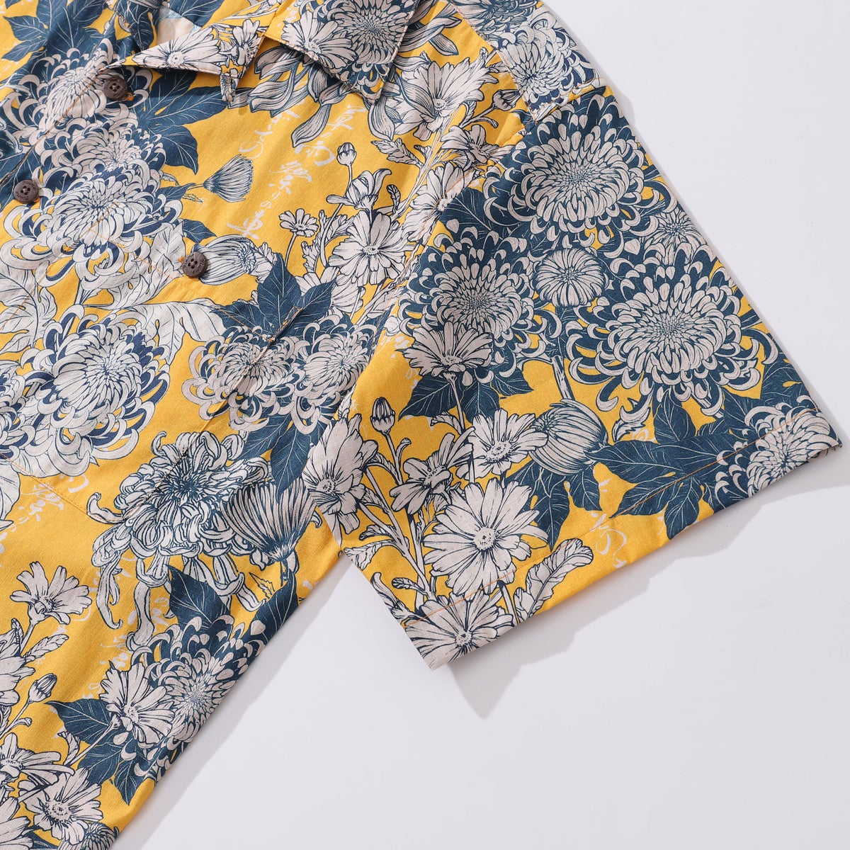 Yellow Hawaiian shirt for men by Outlets Yiume featuring Japanese floral print, camp collar, short sleeves, 100% cotton.