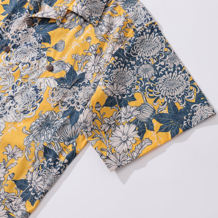 Yellow Hawaiian shirt for men by Outlets Yiume featuring Japanese floral print, camp collar, short sleeves, 100% cotton.