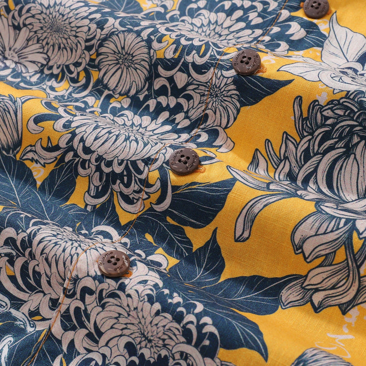 Yellow Hawaiian shirt for men by Outlets Yiume, short sleeve Japanese flower design with camp collar, 100% cotton fabric.