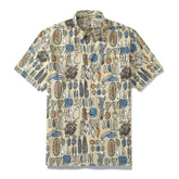 Vintage 1980s Hawaiian short sleeve shirt for men by Outlets Yiume featuring colorful vegetable and fruit print.