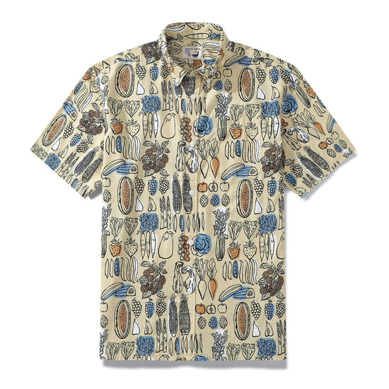 Vintage 1980s Hawaiian short sleeve shirt for men by Outlets Yiume featuring colorful vegetable and fruit print.