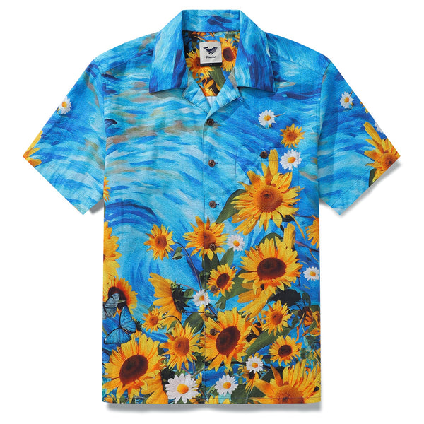 Men's 100% cotton Hawaiian short sleeve shirt with sunflower print and camp collar, by Outlets Yiume.