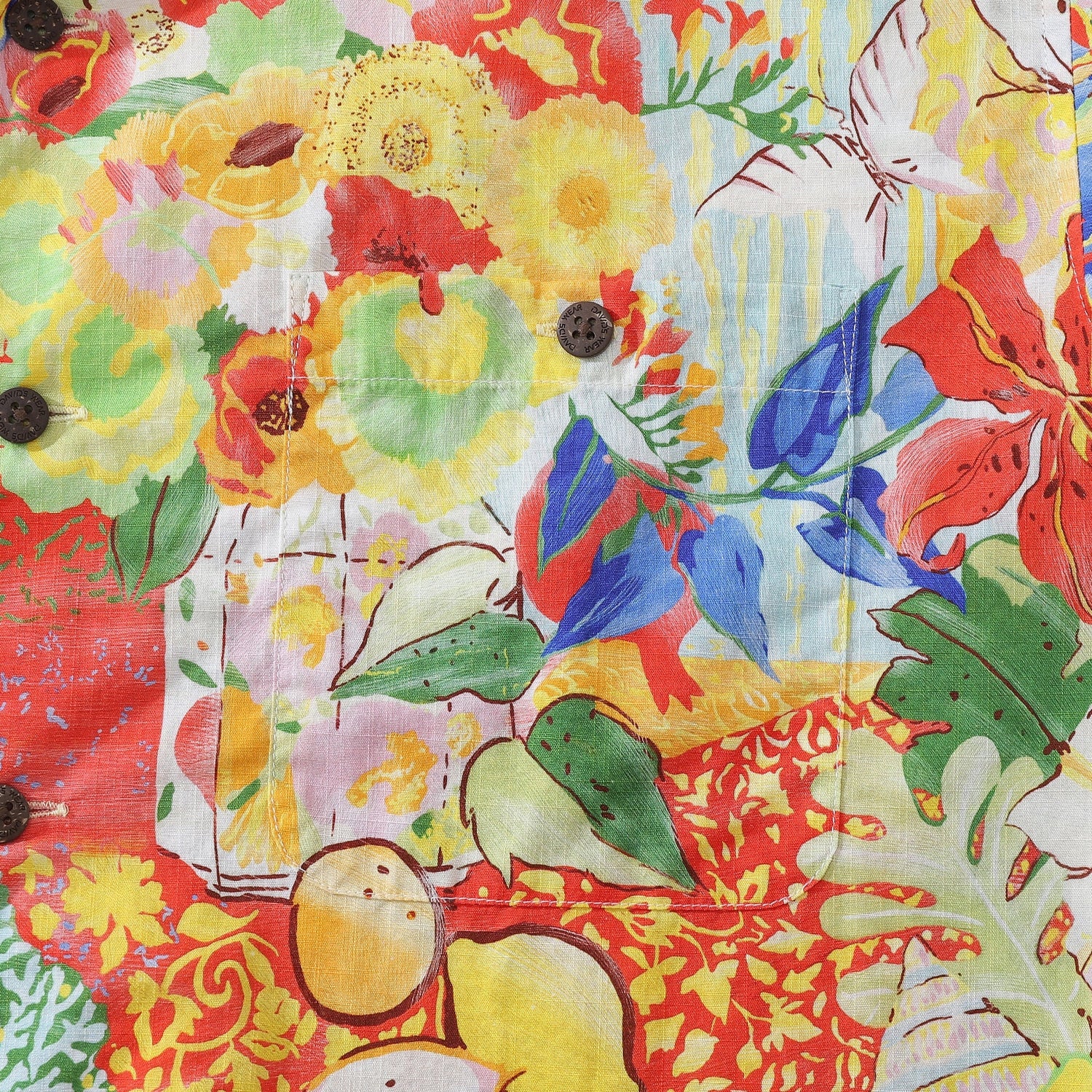 Vintage 1970s Hawaiian shirt for men by Outlets Yiume, short sleeve, floral fruit ocean design, camp collar, 100% cotton.