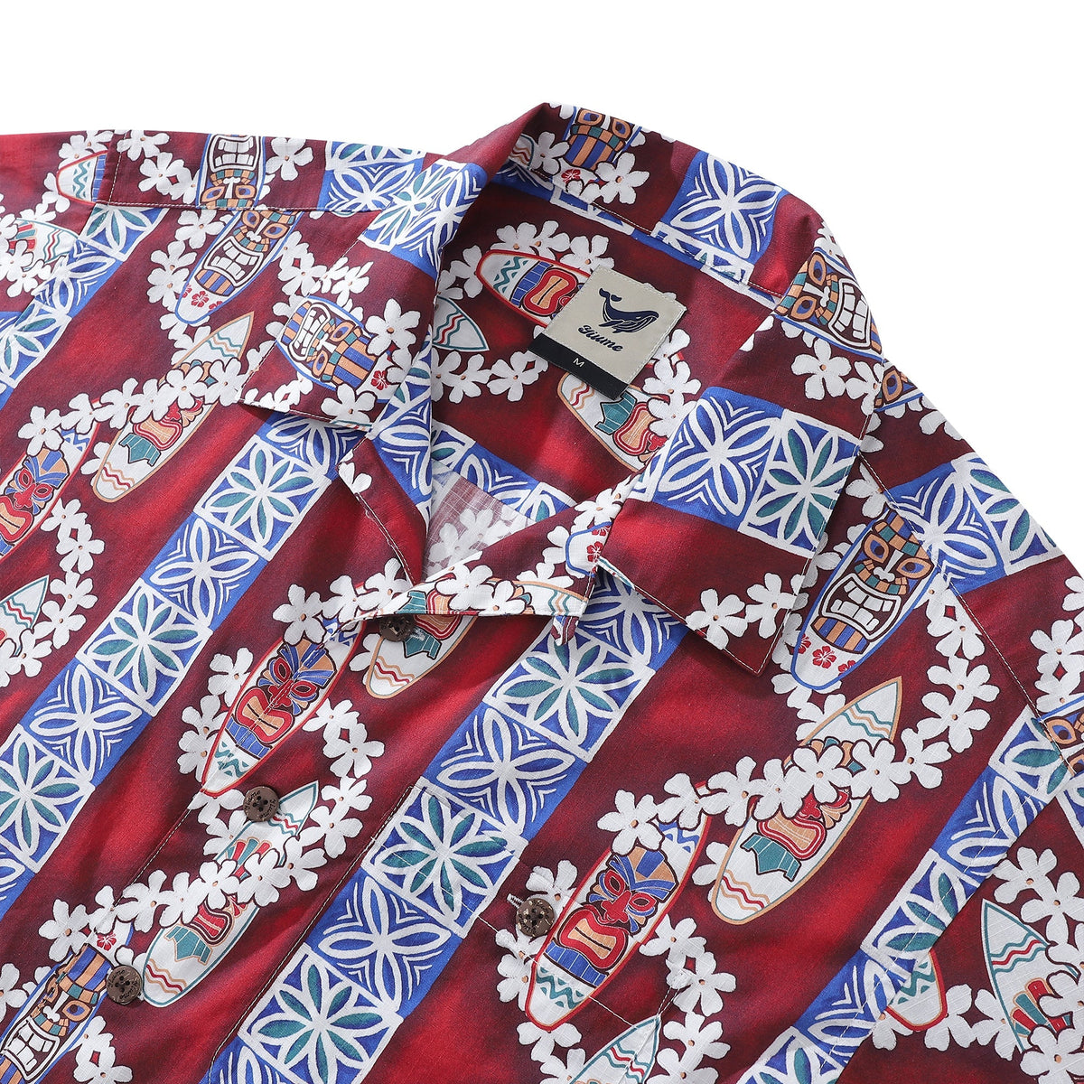 Men’s Hawaiian short sleeve shirt by Outlets Yiume featuring surfboard and lei print, camp collar, 100% cotton.