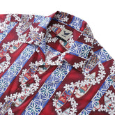 Men’s Hawaiian short sleeve shirt by Outlets Yiume featuring surfboard and lei print, camp collar, 100% cotton.