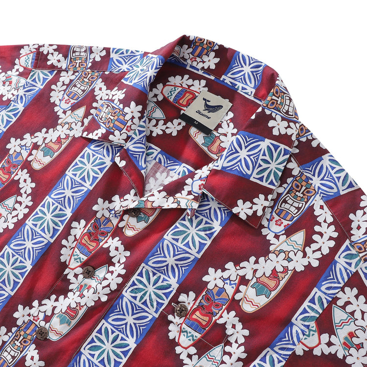 Men’s Hawaiian short sleeve shirt by Outlets Yiume featuring surfboard and lei print, camp collar, 100% cotton.