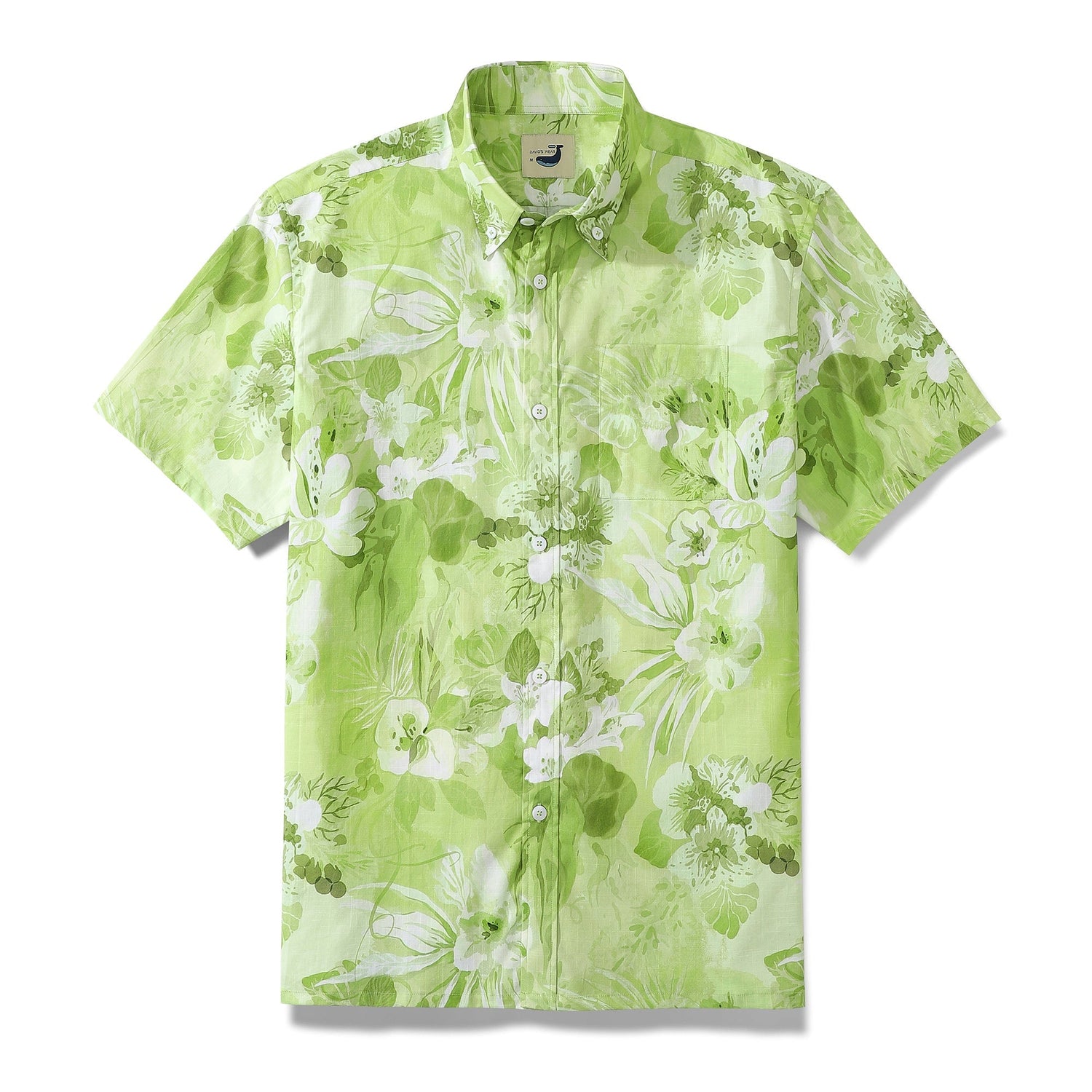 Green tropical floral cotton Hawaiian shirt for men, short sleeve button-down Aloha style by Outlets Yiume.