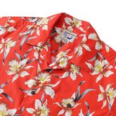 Red vintage cotton Hawaiian shirt for men with orchid print, short sleeve style from Outlets Yiume.