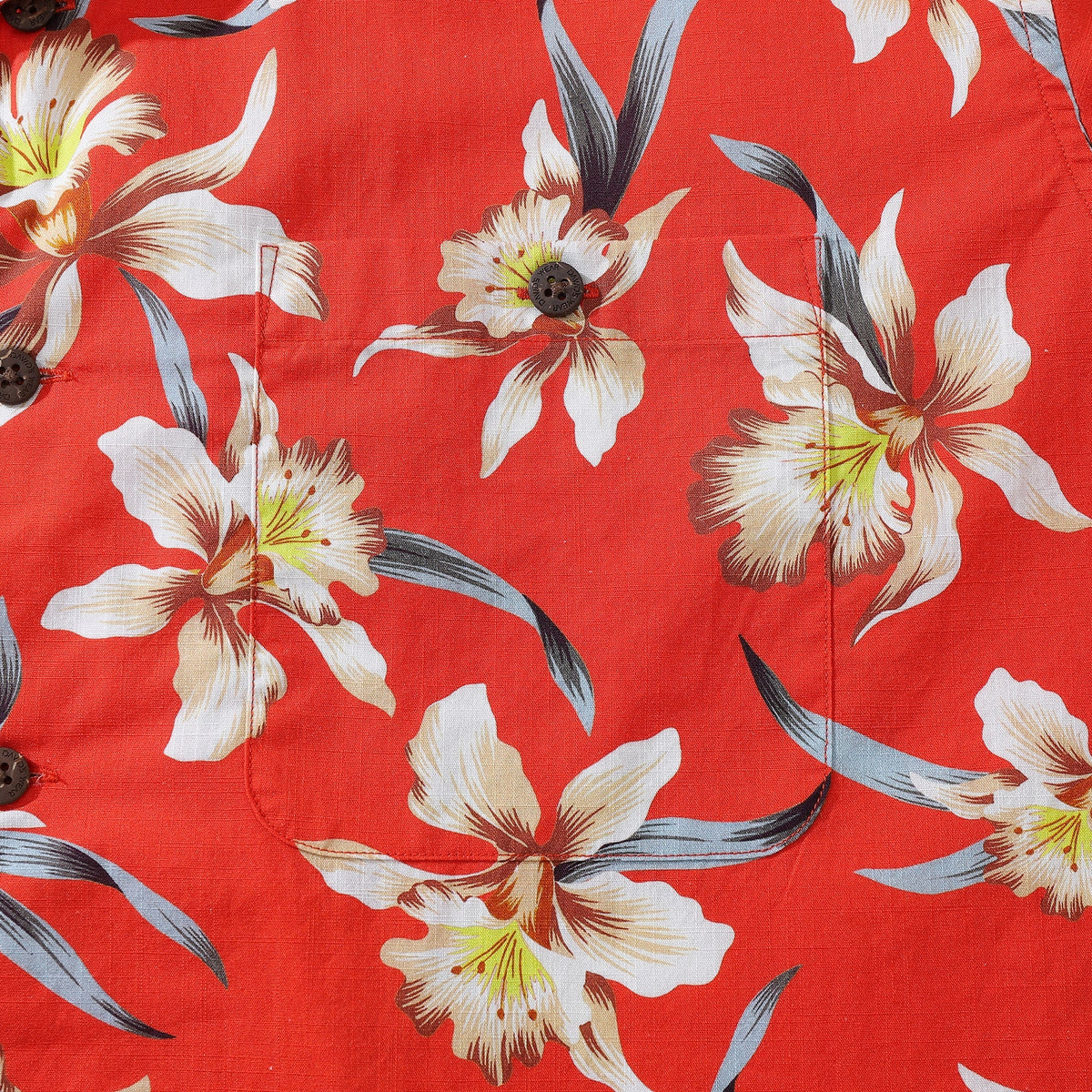 Red vintage cotton Hawaiian shirt for men with orchid print, short sleeve style by Outlets Yiume.