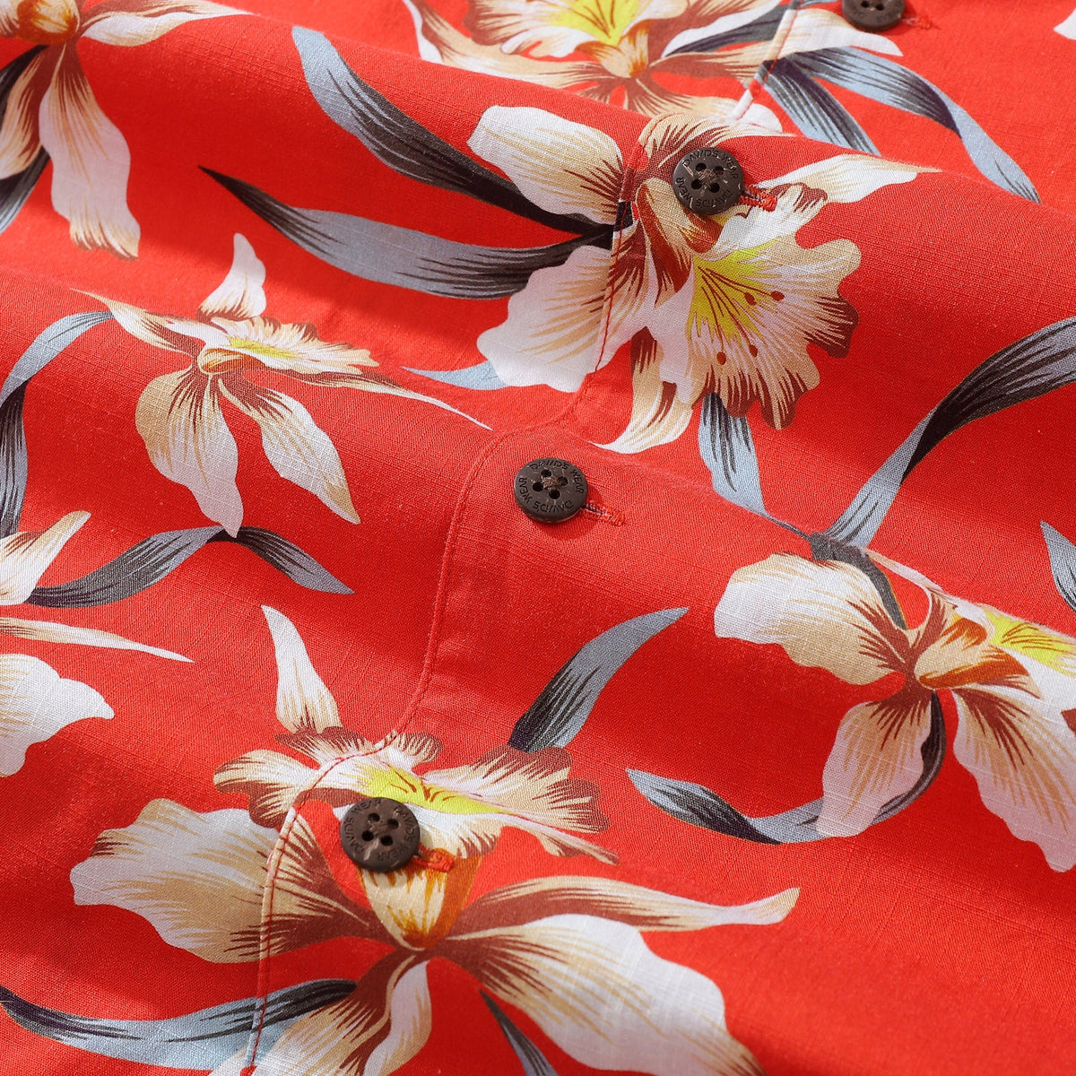 Red vintage cotton Hawaiian shirt for men with orchid print, short sleeve style by Outlets Yiume.