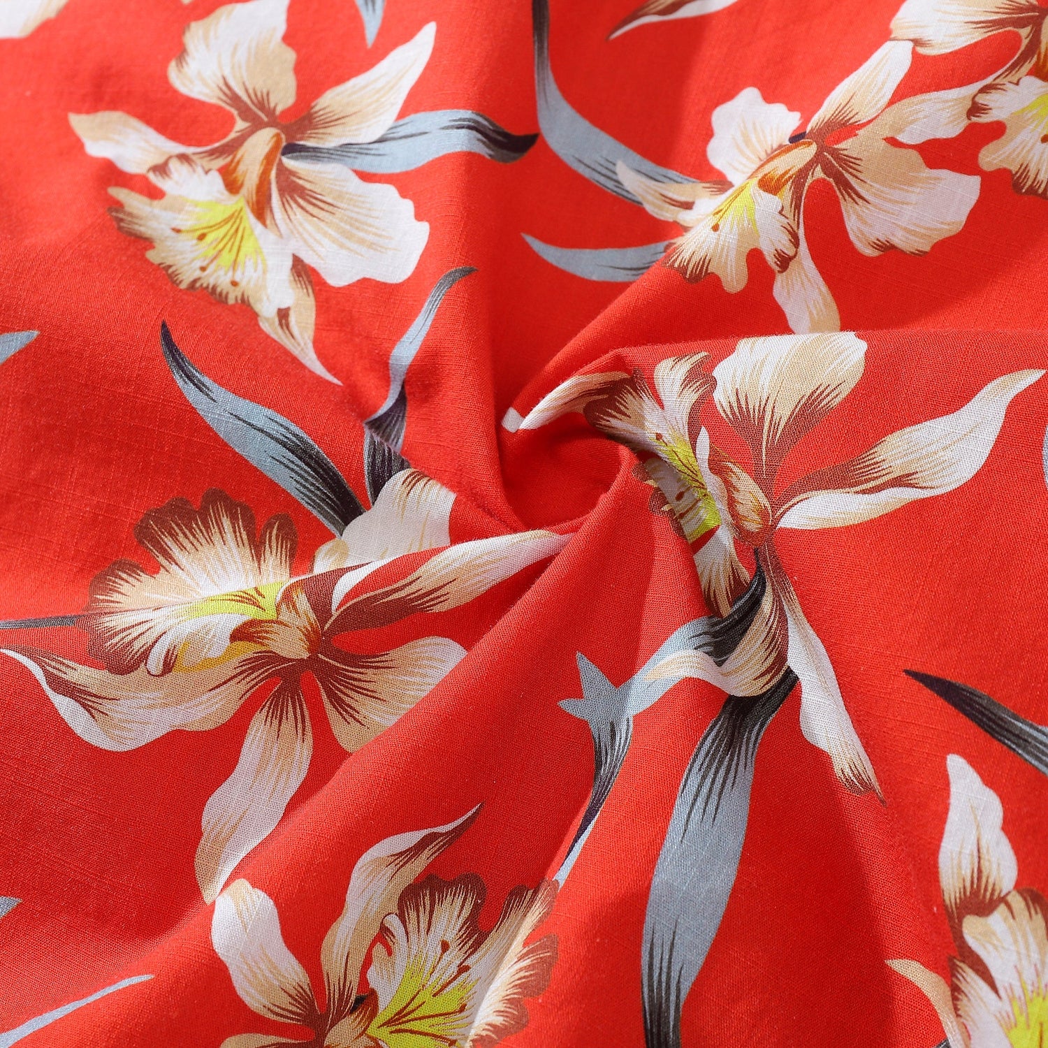 Red vintage cotton Hawaiian shirt for men with orchid print, short sleeve style from Outlets Yiume.