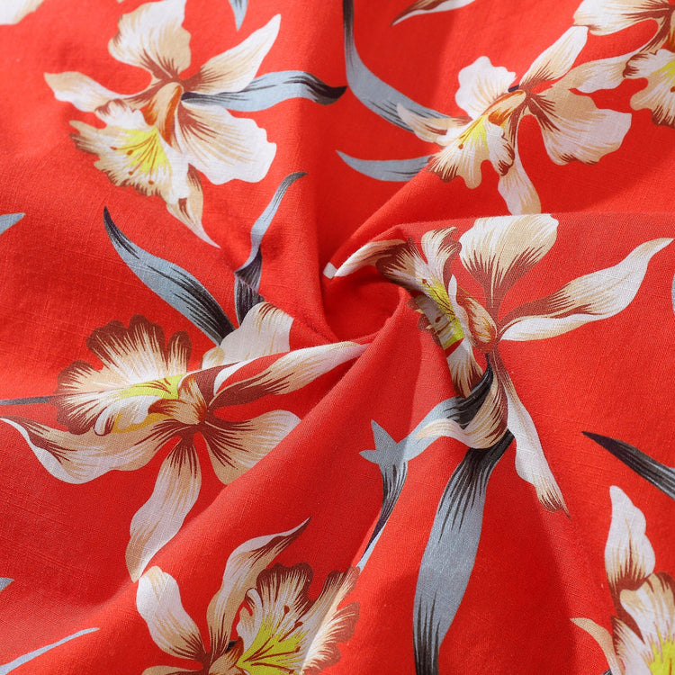 Red vintage cotton Hawaiian shirt for men with orchid print, short sleeve style from Outlets Yiume.