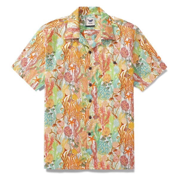 Orange Hawaiian fish print men's short sleeve shirt by Outlets Yiume, featuring a camp collar and 100% cotton fabric.