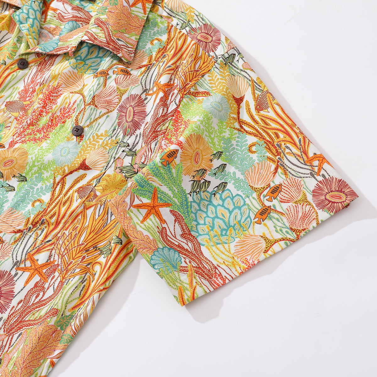 Orange 100% cotton Hawaiian fish print shirt for men, short sleeve, oceanic design with camp collar by Outlets Yiume.