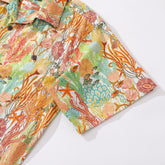 Orange 100% cotton Hawaiian fish print shirt for men, short sleeve, oceanic design with camp collar by Outlets Yiume.