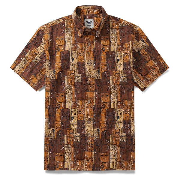 Men's 1940s Hawaiian shirt by Outlets Yiume, short sleeve cotton aloha shirt with tiki print and button-down design.