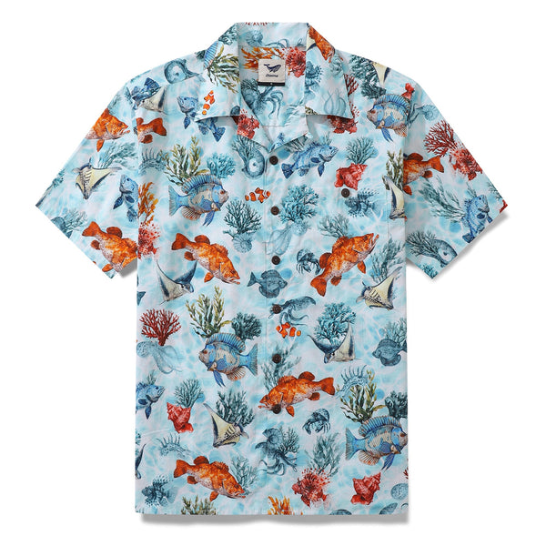 Bluey Hawaiian men's short sleeve shirt with fish print, camp collar, 100% cotton, casual summer shirt from Outlets Yiume.