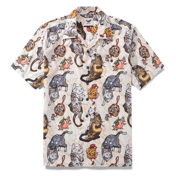 Men's Hawaiian cat shirt by Outlets Yiume featuring Ukiyo-e art print, short sleeve, camp collar, 100% cotton.