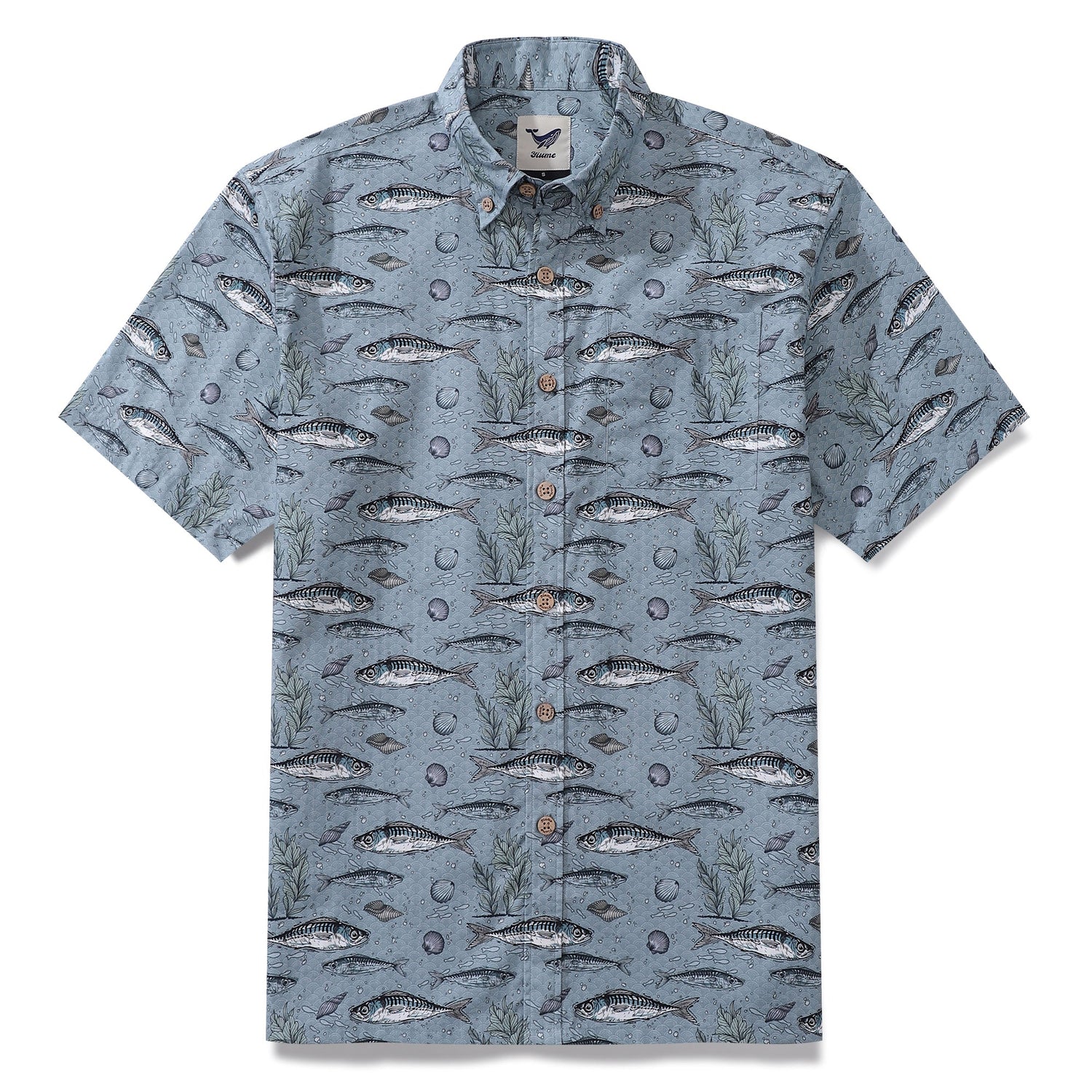 Gray fish-themed Hawaiian shirt for men by Outlets Yiume, short sleeve cotton button-down Aloha shirt, casual summer style.