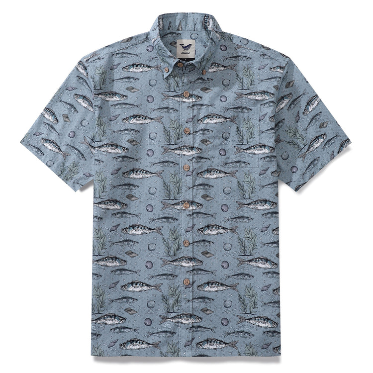 Gray fish-themed Hawaiian shirt for men by Outlets Yiume, short sleeve cotton button-down Aloha shirt, casual summer style.