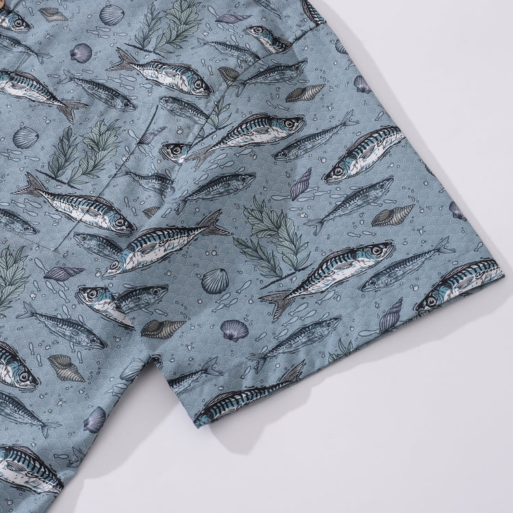 Gray fish-themed Hawaiian shirt for men by Outlets Yiume, featuring short sleeves, cotton fabric, and a button-down design.