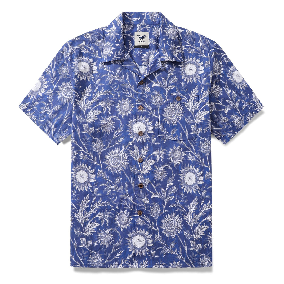 Blue and white Hawaiian shirt for men by Outlets Yiume, short sleeve, porcelain sunflower pattern, cotton, camp collar.
