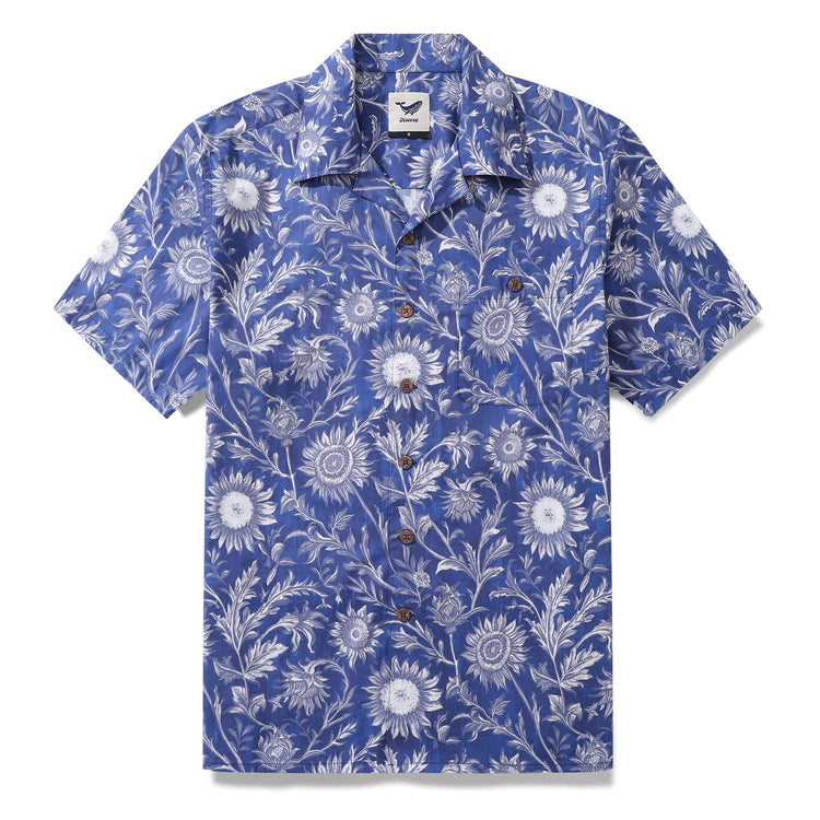Blue and white Hawaiian shirt for men by Outlets Yiume, short sleeve, porcelain sunflower pattern, cotton, camp collar.