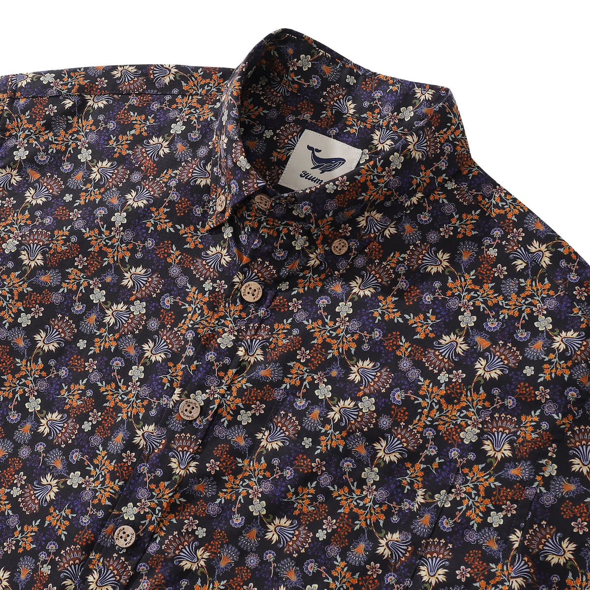 Men’s Hawaiian button-down shirt by Outlets Yiume, short sleeve, 100% cotton, featuring vibrant tropical print.