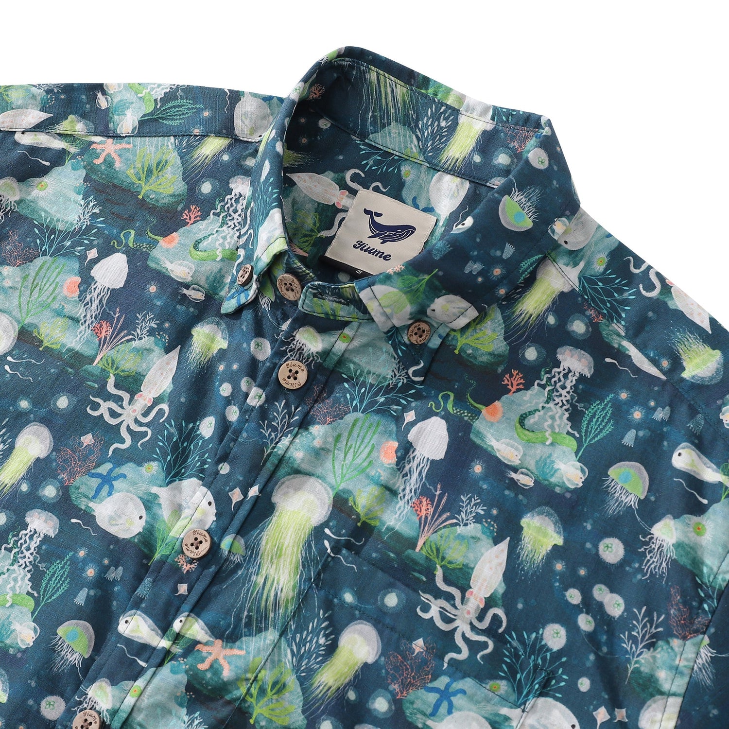 Light blue Hawaiian shirt for men by Katherine Quinn, short sleeve, button-down, 100% cotton, with tropical floral pattern.