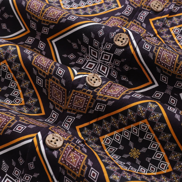 Men’s Hawaiian shirt by Outlets Yiume featuring sharp geometric print, cotton fabric, short sleeves, and button-down design.